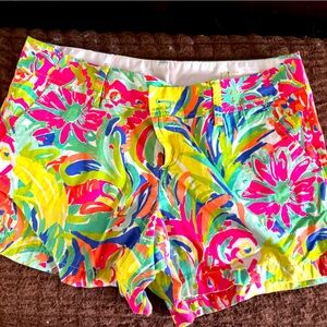 Lilly Pulitzer Pink and Yellow Bermuda Shorts Vibrant Tropical Print